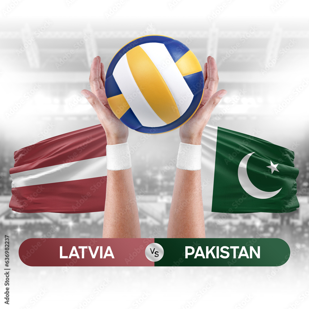 Latvia vs Pakistan national teams volleyball volley ball match competition concept.