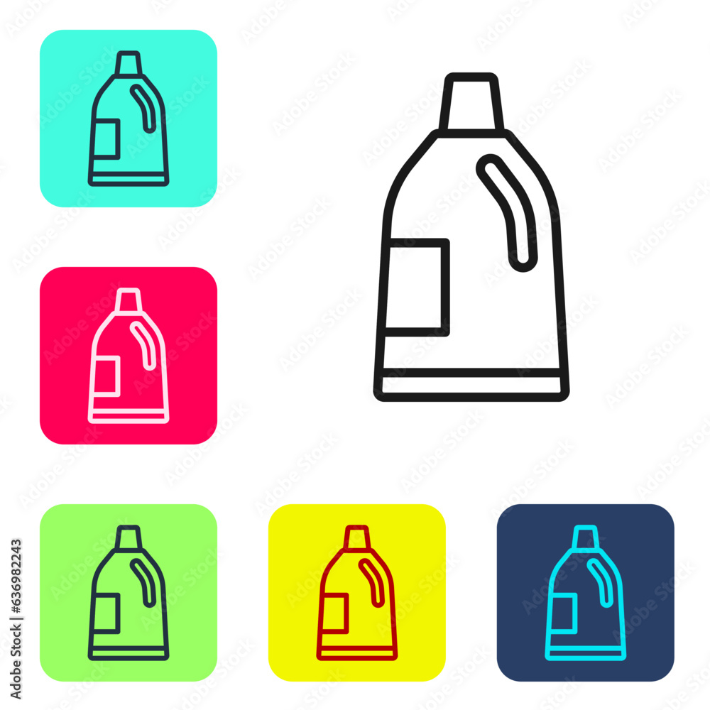 Black line Plastic bottle for laundry detergent, bleach, dishwashing liquid or another cleaning agent icon isolated on white background. Set icons in color square buttons. Vector Black line Plastic bottle for laundry detergent, bleach, dishwashing liquid or another cleaning agent icon isolated on white background. Set icons in color square buttons. Vector