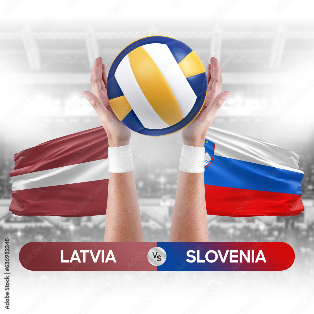 Latvia vs Slovenia national teams volleyball volley ball match competition concept.