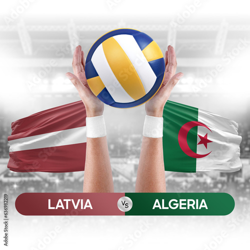 Latvia vs Algeria national teams volleyball volley ball match competition concept.