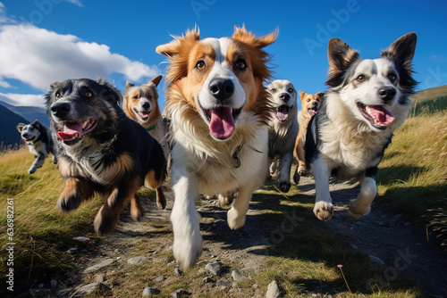 Image of group dogs running, Pet, Animals., Generative AI, Illustration.