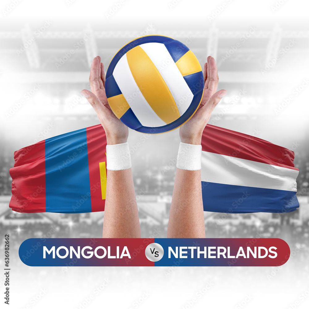 Mongolia vs Netherlands national teams volleyball volley ball match competition concept.