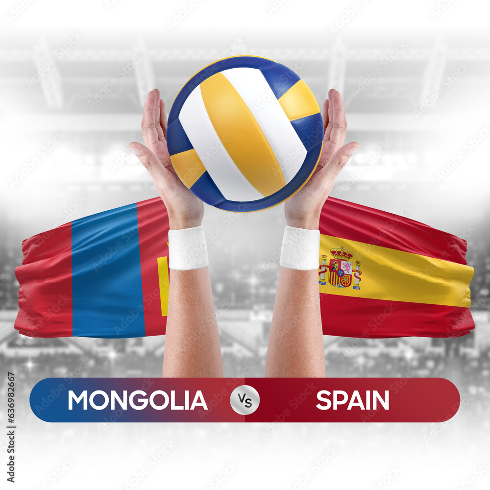 Mongolia vs Spain national teams volleyball volley ball match competition concept.