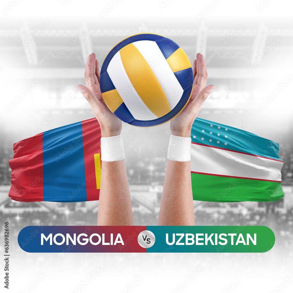 Mongolia vs Uzbekistan national teams volleyball volley ball match competition concept.