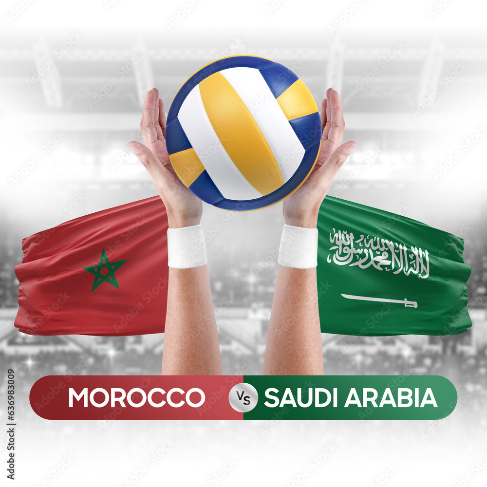 Morocco vs Saudi Arabia national teams volleyball volley ball match competition concept.