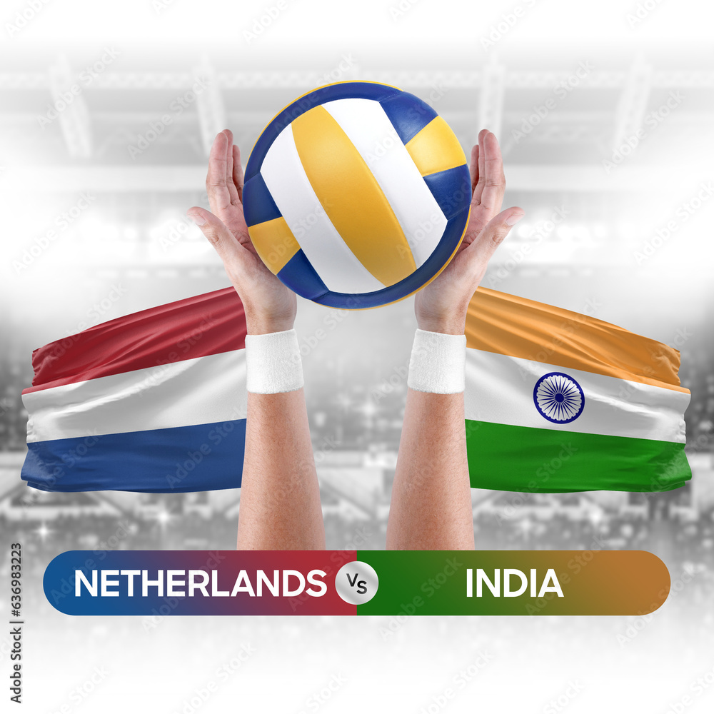 Netherlands vs India national teams volleyball volley ball match competition concept.