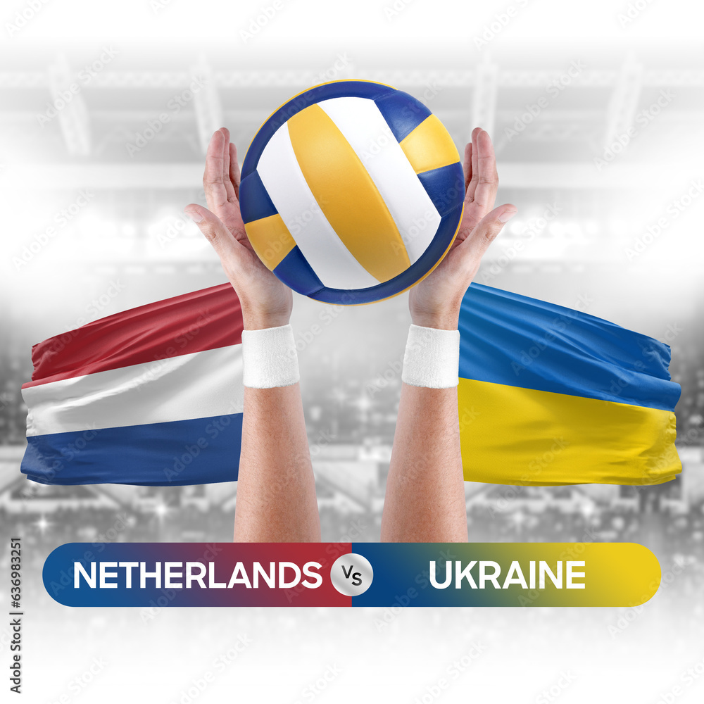 Netherlands vs Ukraine national teams volleyball volley ball match competition concept.