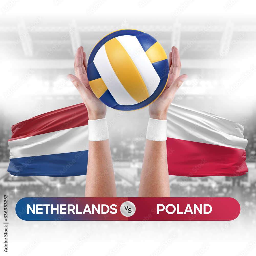 Netherlands vs Poland national teams volleyball volley ball match competition concept.