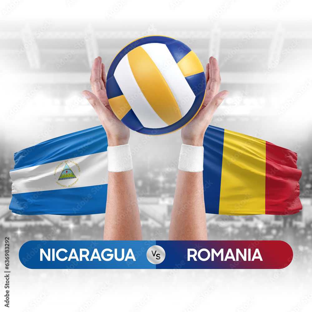 Nicaragua vs Romania national teams volleyball volley ball match competition concept.