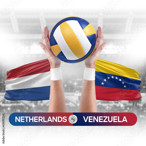Netherlands vs Venezuela national teams volleyball volley ball match competition concept.