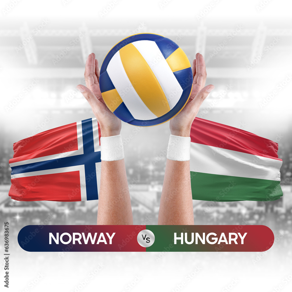 Norway vs Hungary national teams volleyball volley ball match competition concept.