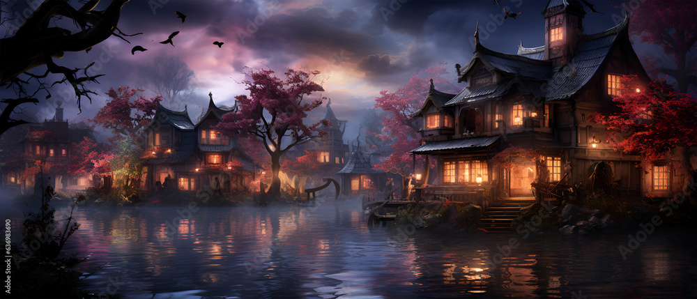 Japanese landscape, Purple-Blue Neon Sky, Houses, Generative AI Japanese landscape, Purple-Blue Neon Sky, Houses, Generative AI