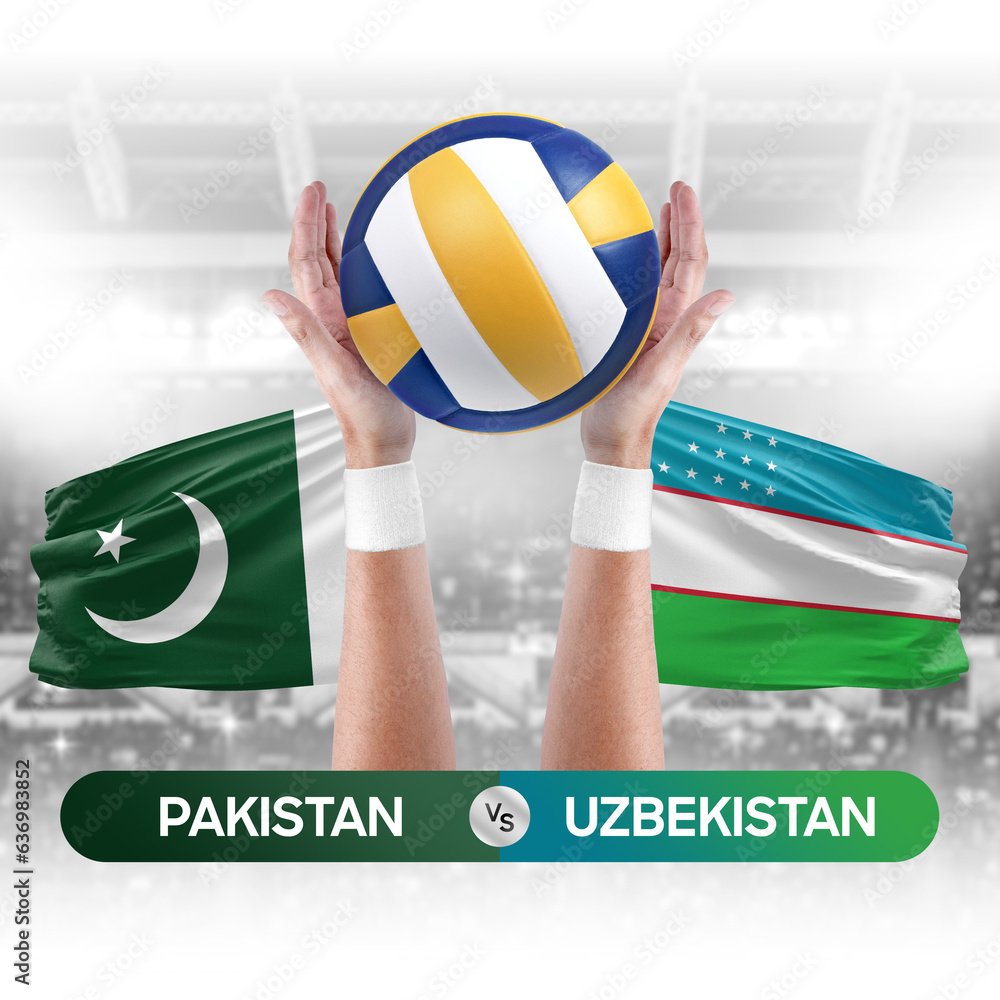 Pakistan vs Uzbekistan national teams volleyball volley ball match competition concept.