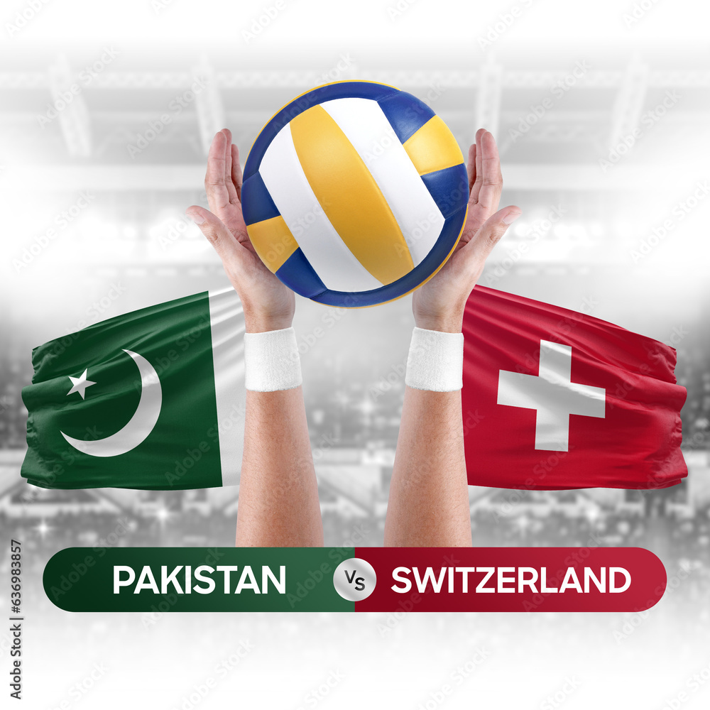Pakistan vs Switzerland national teams volleyball volley ball match competition concept.