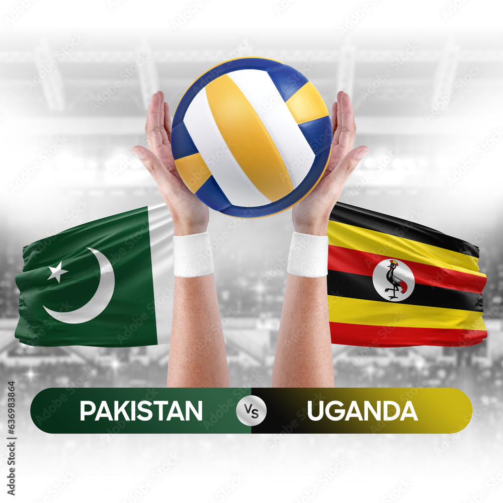 Pakistan vs Uganda national teams volleyball volley ball match competition concept.