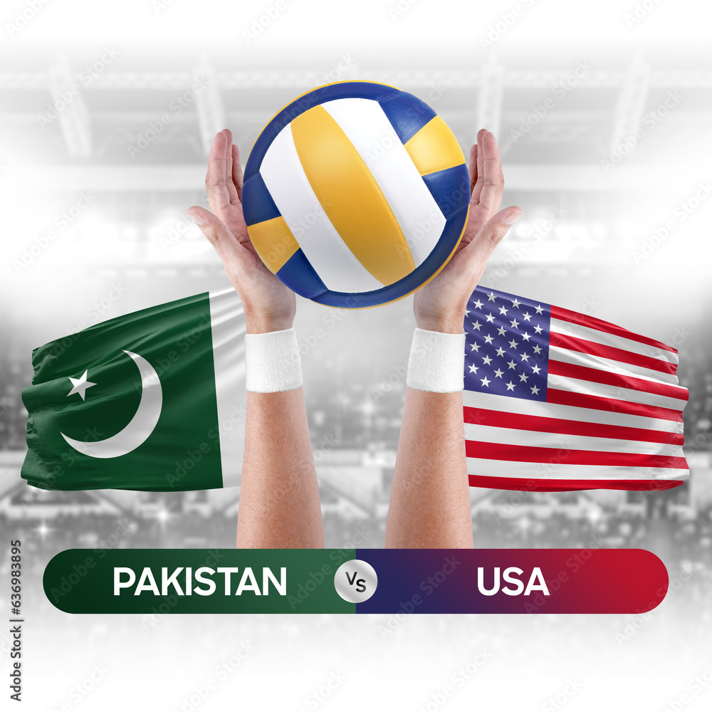 Pakistan vs USA national teams volleyball volley ball match competition concept.