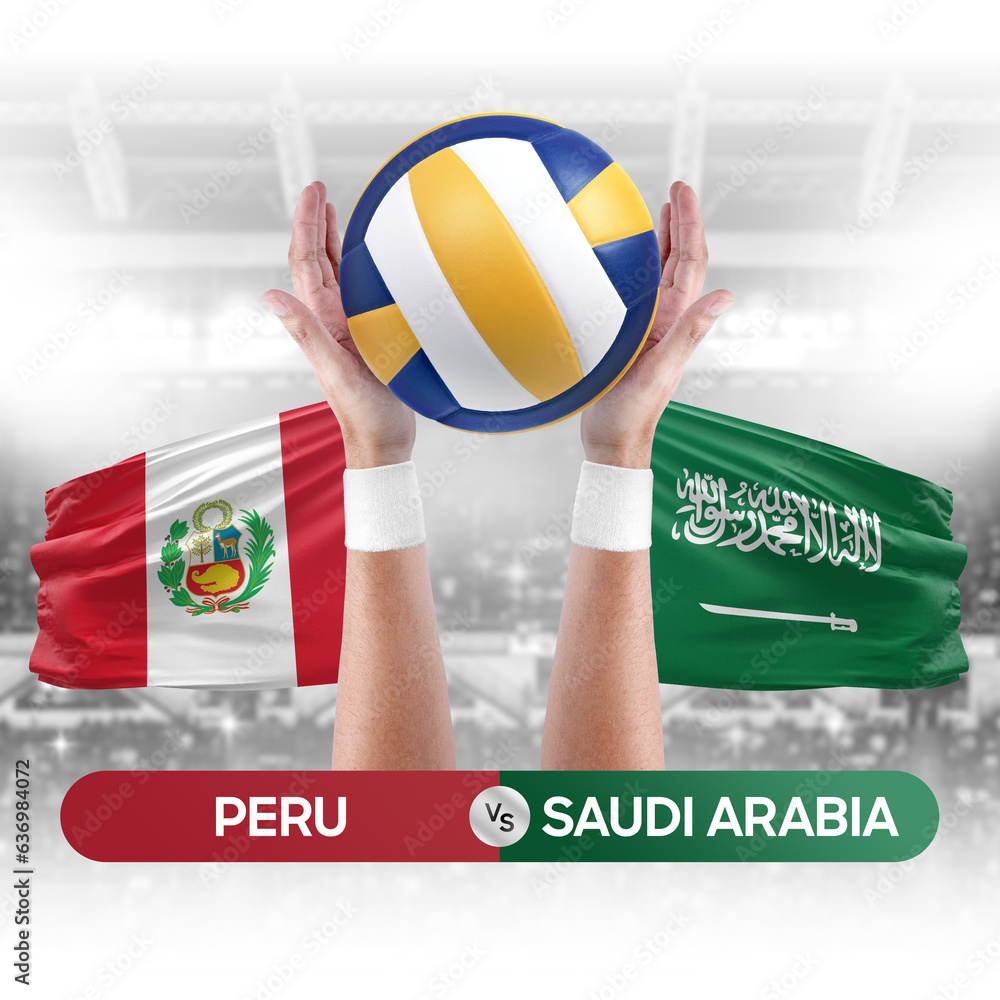 Peru vs Saudi Arabia national teams volleyball volley ball match competition concept.