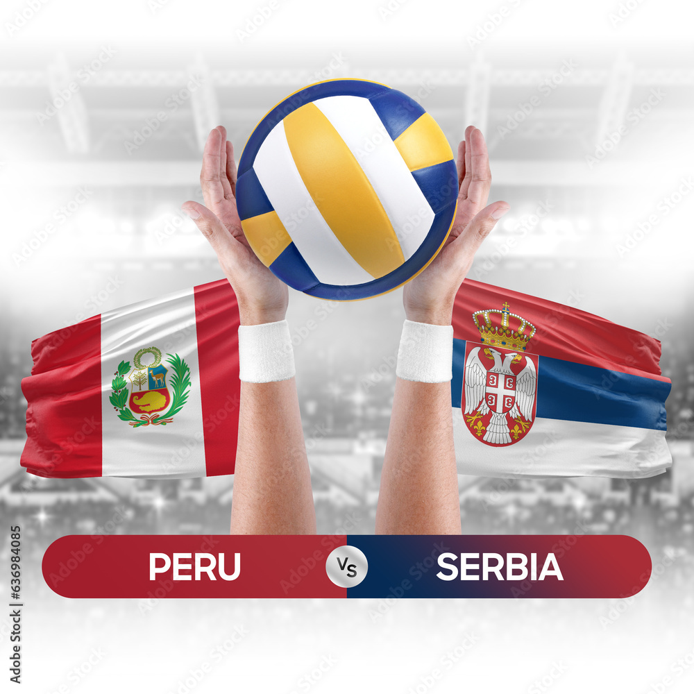 Peru vs Serbia national teams volleyball volley ball match competition concept.