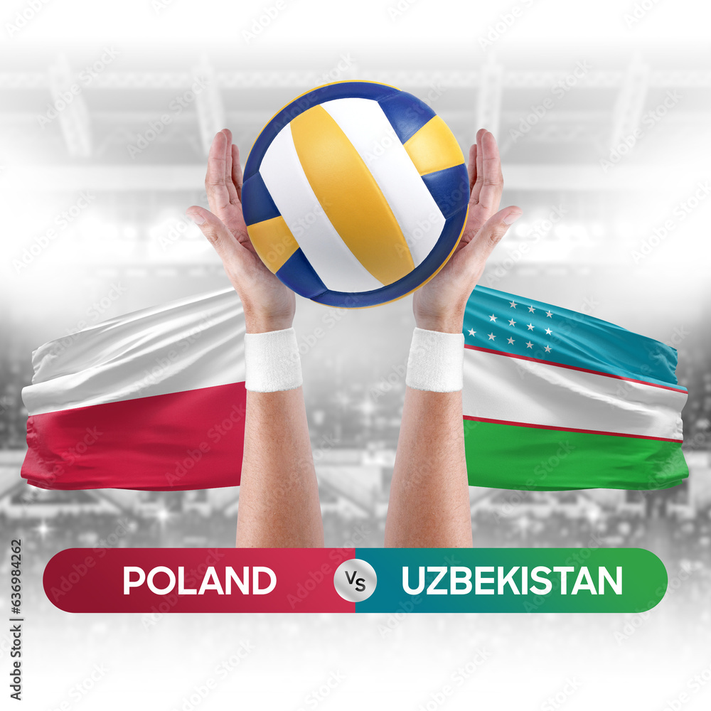Poland vs Uzbekistan national teams volleyball volley ball match competition concept.