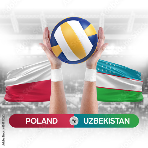 Poland vs Uzbekistan national teams volleyball volley ball match competition concept.
