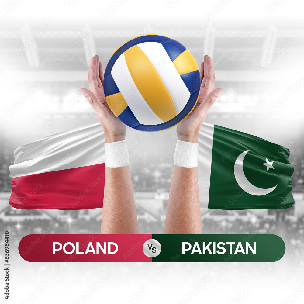 Poland vs Pakistan national teams volleyball volley ball match competition concept.