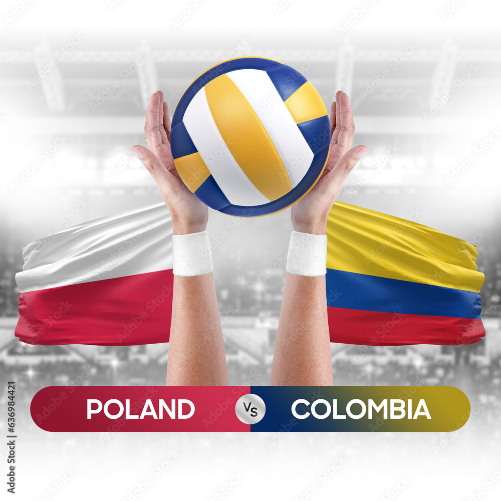 Poland vs Colombia national teams volleyball volley ball match competition concept.