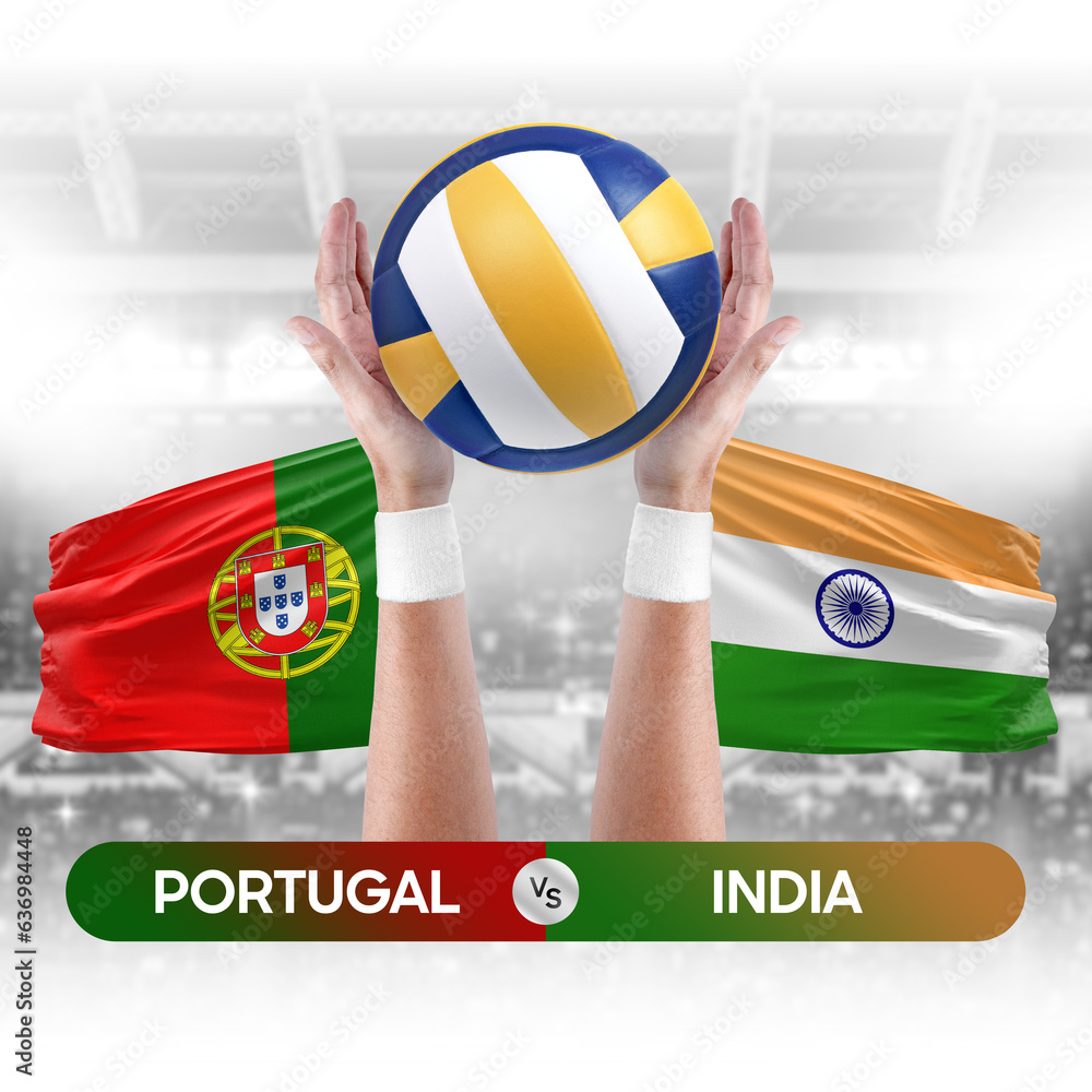 Portugal vs India national teams volleyball volley ball match competition concept.