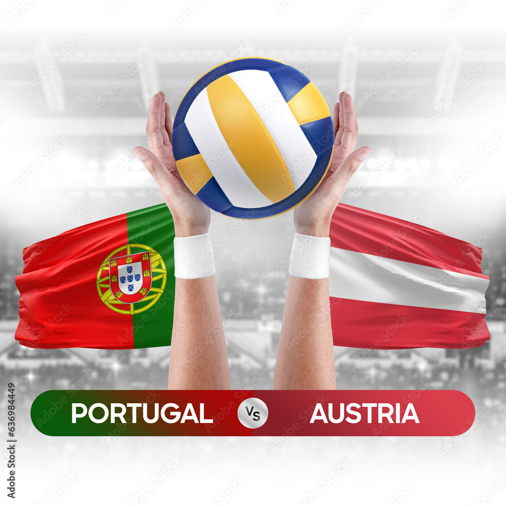 Portugal vs Austria national teams volleyball volley ball match competition concept.