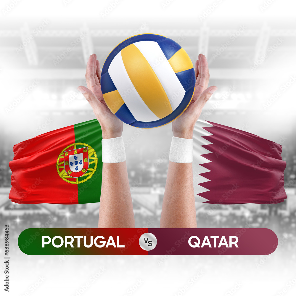Portugal vs Qatar national teams volleyball volley ball match competition concept.