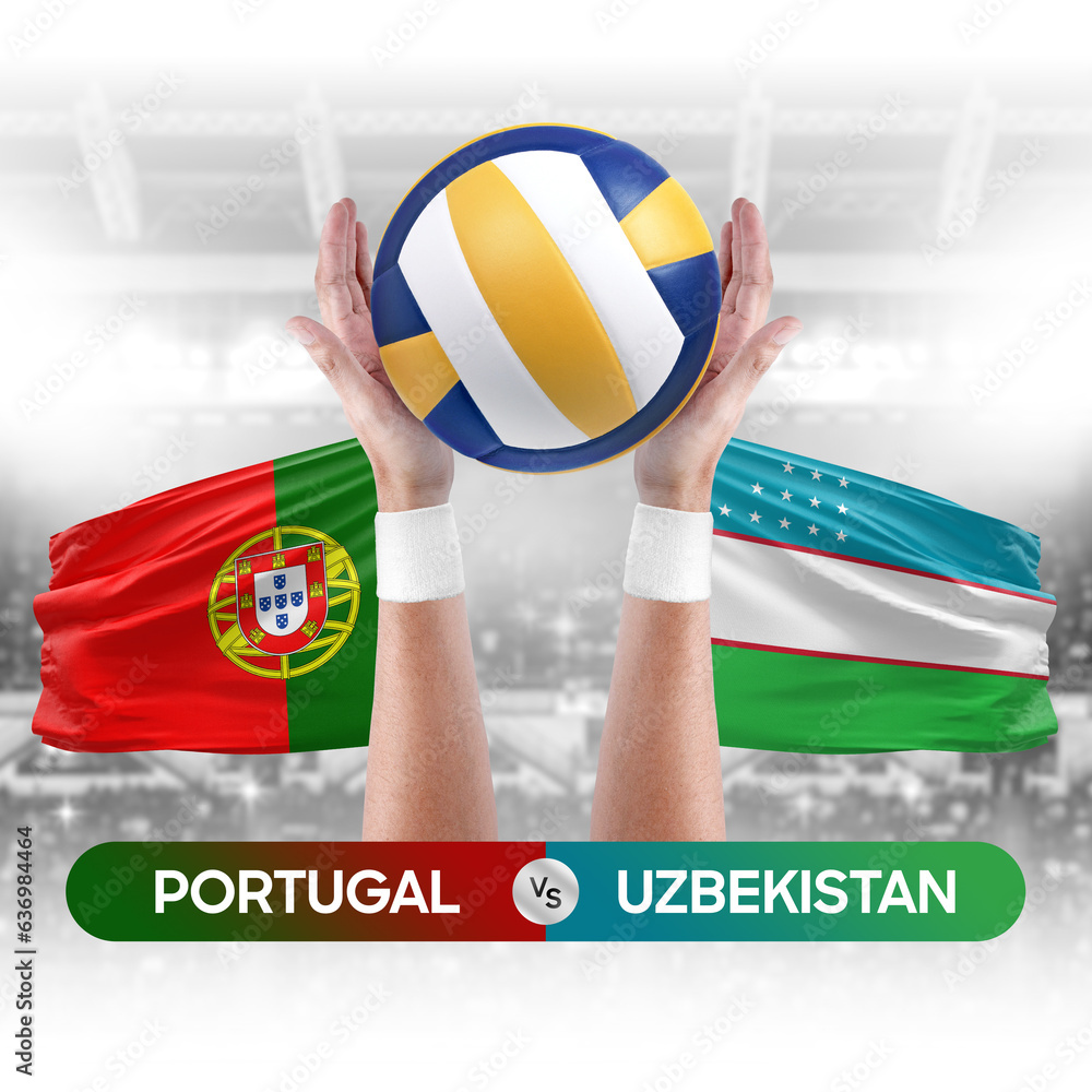 Portugal vs Uzbekistan national teams volleyball volley ball match competition concept.