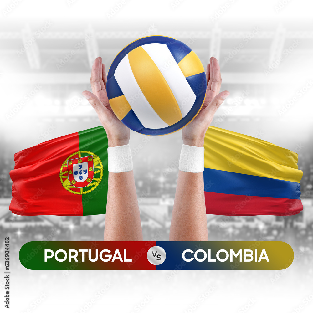 Portugal vs Colombia national teams volleyball volley ball match competition concept.