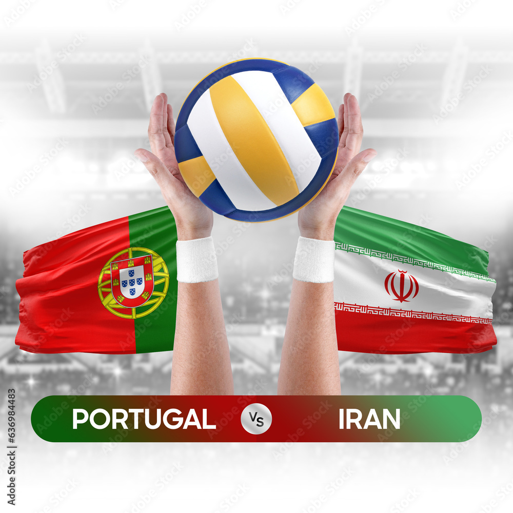 Portugal vs Iran national teams volleyball volley ball match competition concept.