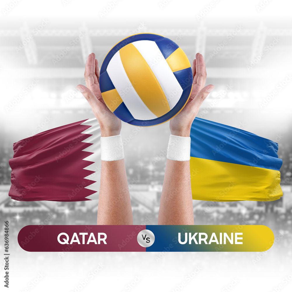 Qatar vs Ukraine national teams volleyball volley ball match competition concept.