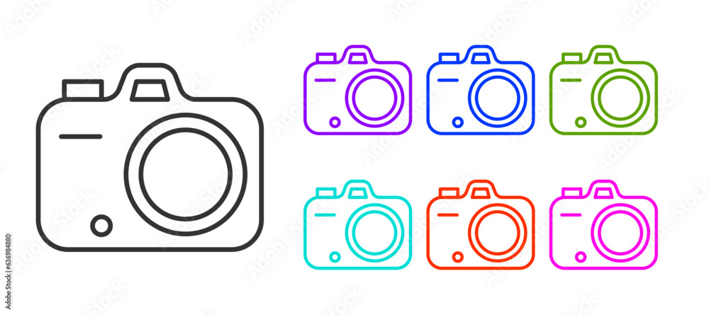 Black line Photo camera icon isolated on white background. Foto camera. Digital photography. Set icons colorful. Vector Black line Photo camera icon isolated on white background. Foto camera. Digital photography. Set icons colorful. Vector
