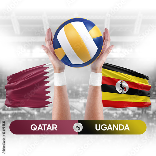 Qatar vs Uganda national teams volleyball volley ball match competition concept.