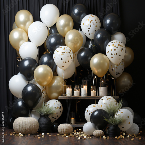 A minimalistic birthday party decoration, featuring white balloons, black and white streamers, and confetti.