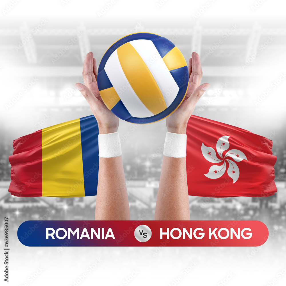 Romania vs Hong Kong national teams volleyball volley ball match competition concept.