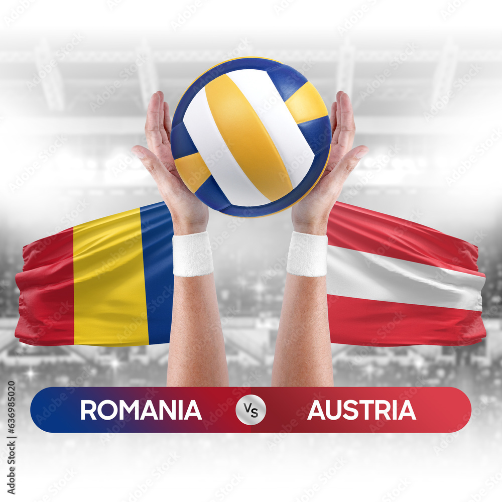 Romania vs Austria national teams volleyball volley ball match competition concept.