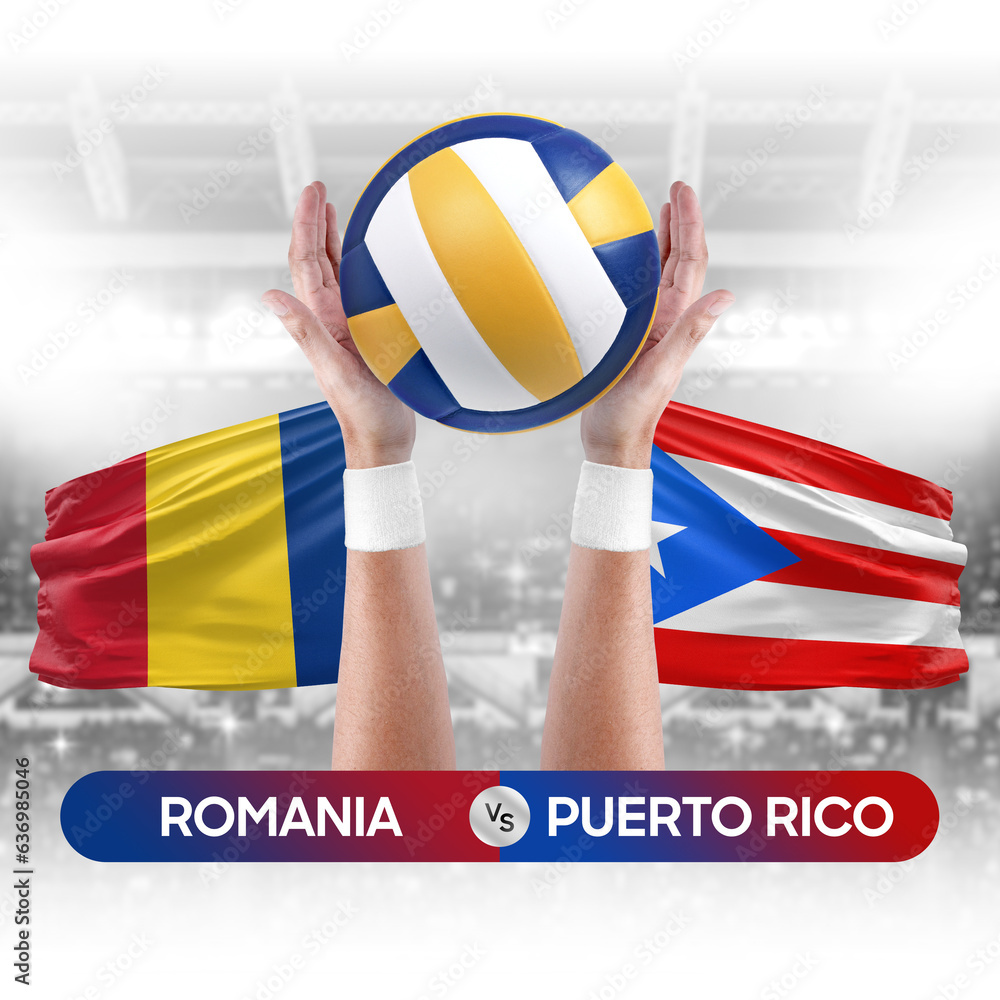 Romania vs Puerto Rico national teams volleyball volley ball match competition concept.
