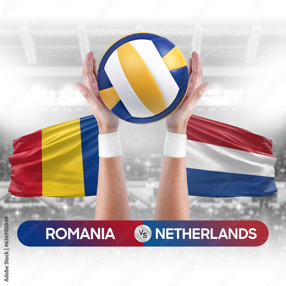 Romania vs Netherlands national teams volleyball volley ball match competition concept.