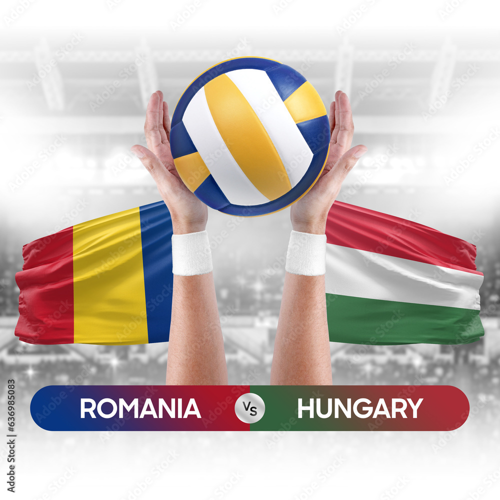 Romania vs Hungary national teams volleyball volley ball match competition concept.