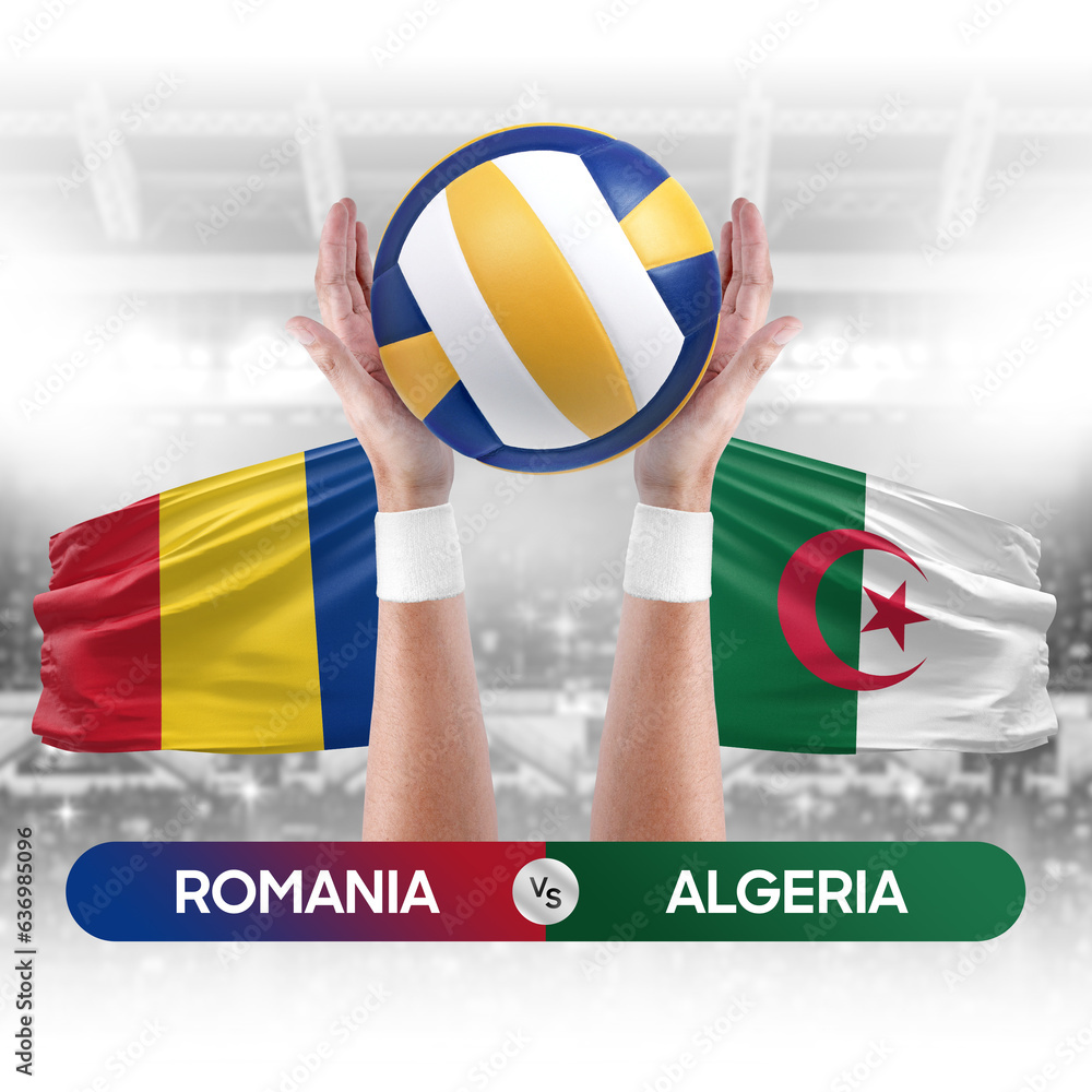 Romania vs Algeria national teams volleyball volley ball match competition concept.