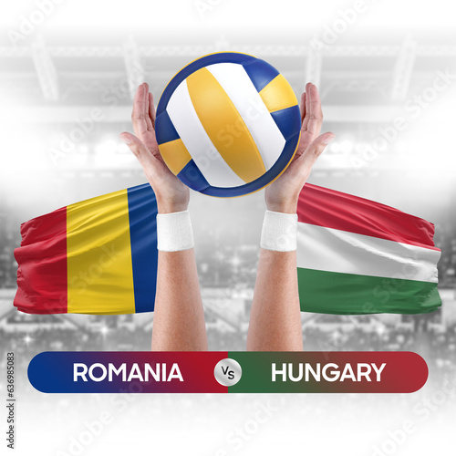 Romania vs Hungary national teams volleyball volley ball match competition concept.