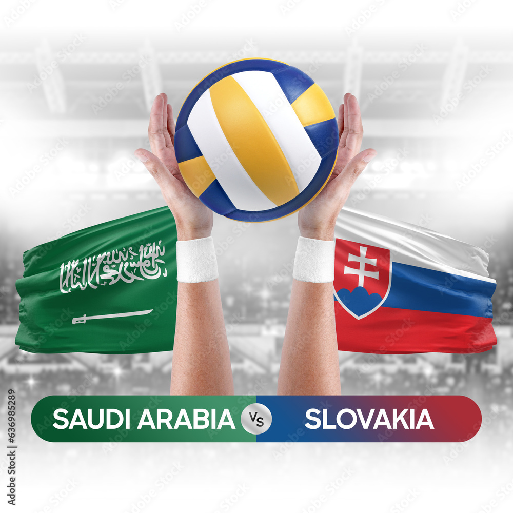 Saudi Arabia vs Slovakia national teams volleyball volley ball match competition concept.