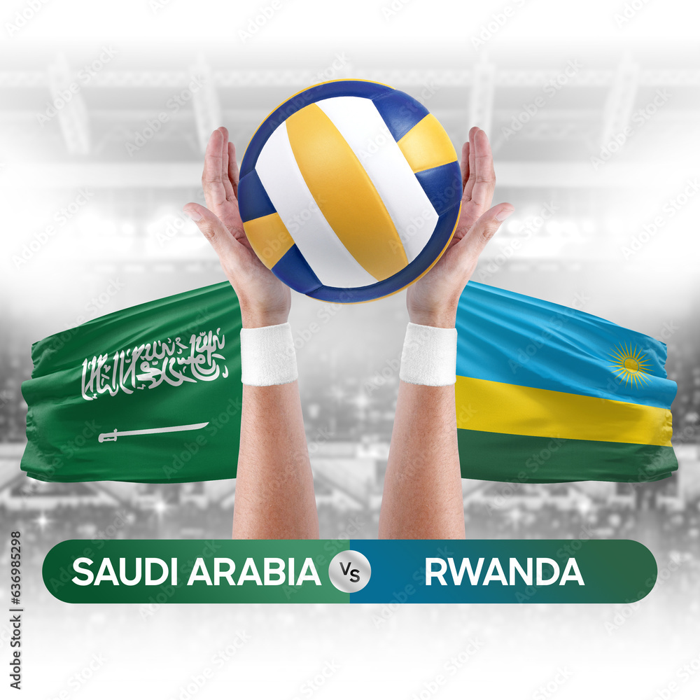 Saudi Arabia vs Rwanda national teams volleyball volley ball match competition concept.