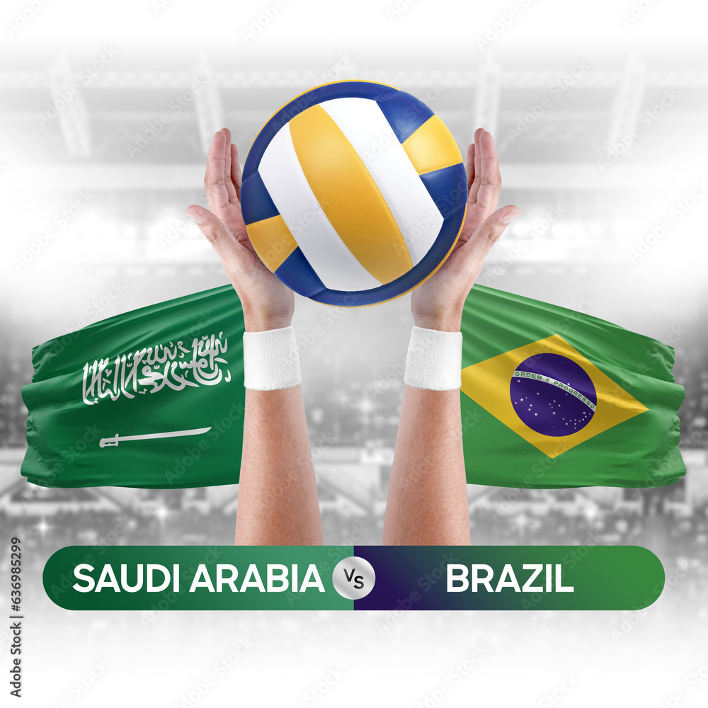 Saudi Arabia vs Brazil national teams volleyball volley ball match competition concept.