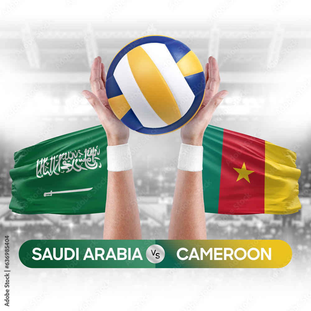 Saudi Arabia vs Cameroon national teams volleyball volley ball match competition concept.