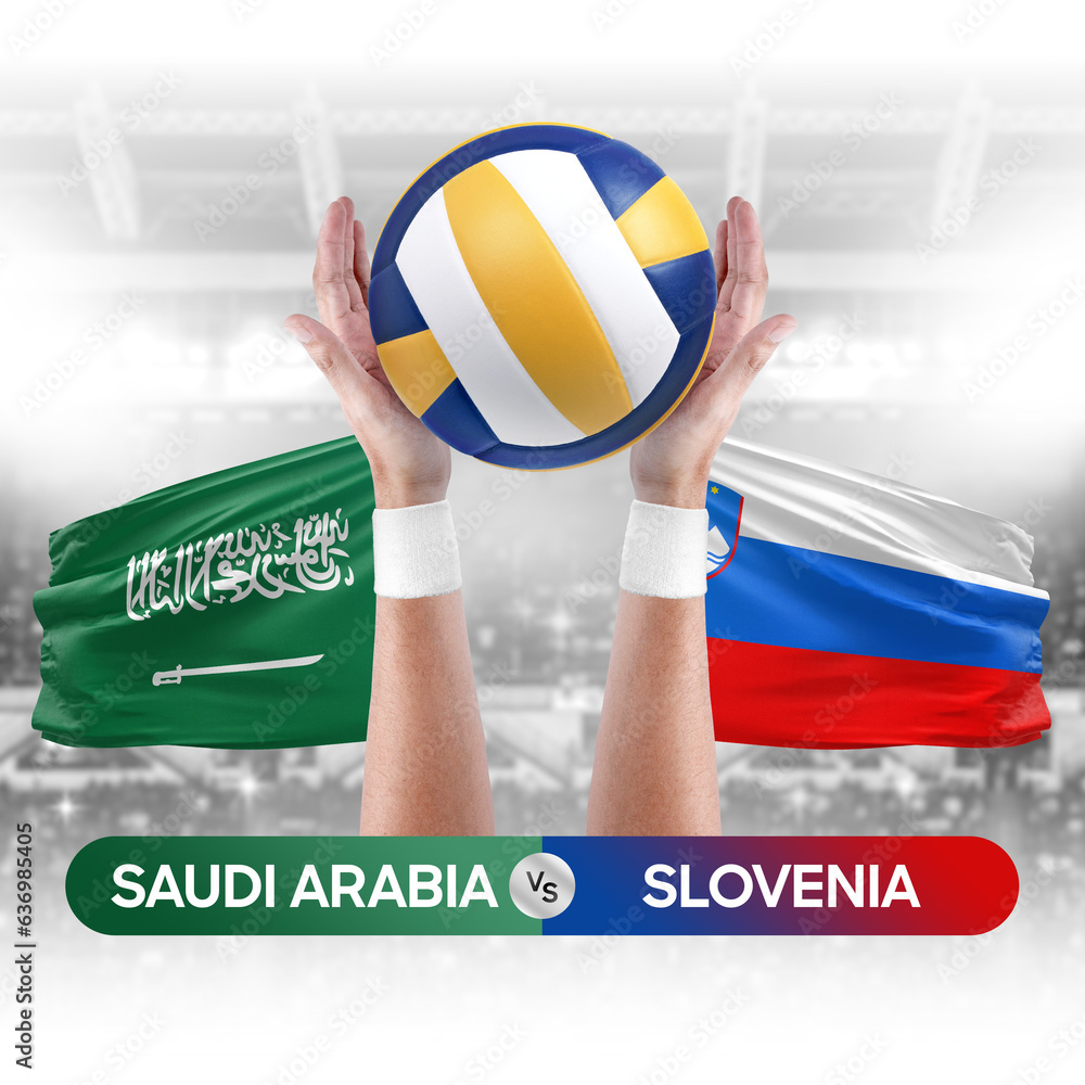 Saudi Arabia vs Slovenia national teams volleyball volley ball match competition concept.