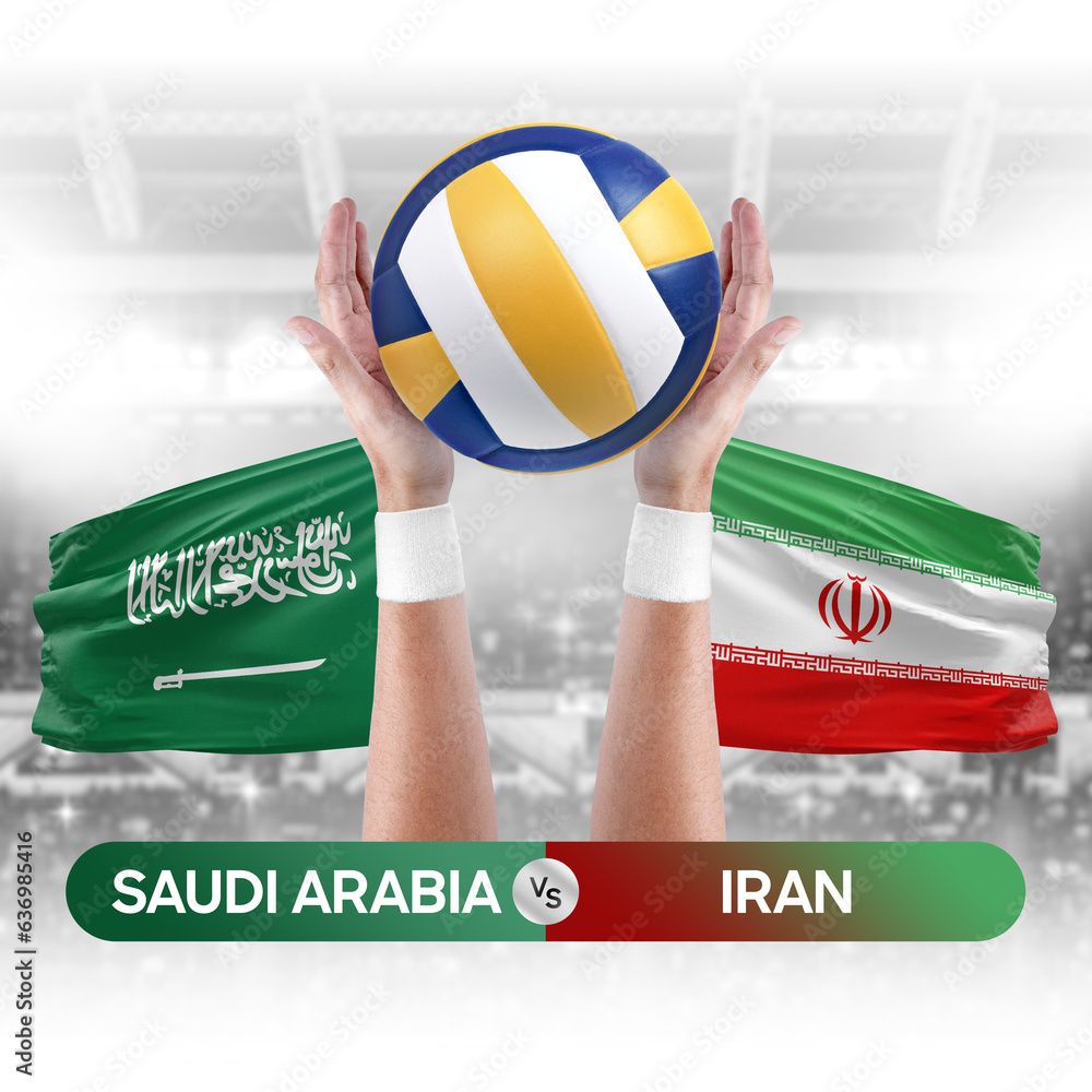 Saudi Arabia vs Iran national teams volleyball volley ball match competition concept.