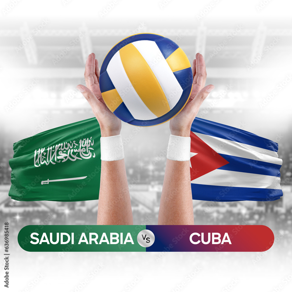 Saudi Arabia vs Cuba national teams volleyball volley ball match competition concept.